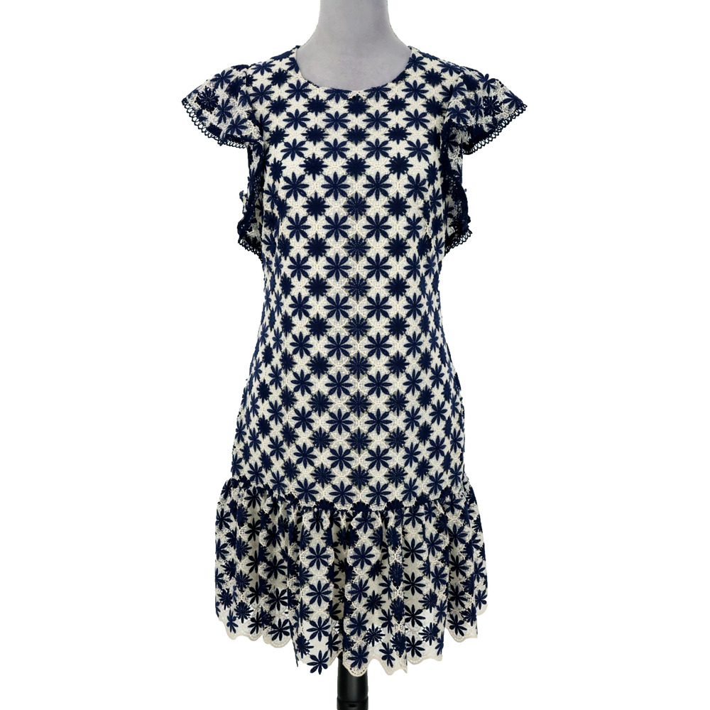 Shoshanna Dress Womens 6 Navy Blue Ivory Lace Lined Flutter Sleeve Ruffle Hem